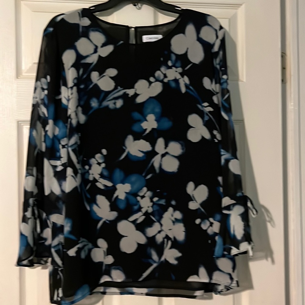 Calvin Klein Black Floral Chiffon Blouse with Blue and White Flowers